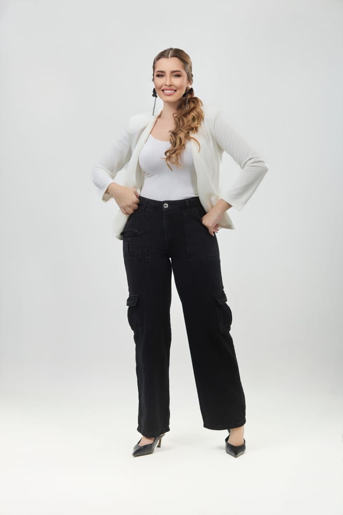 Calça Cargo Jeans Feminina Preta